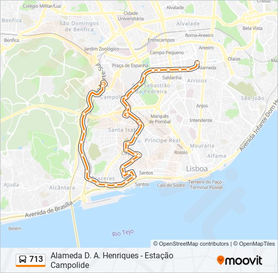 Mapa da linha do autocarro 713.