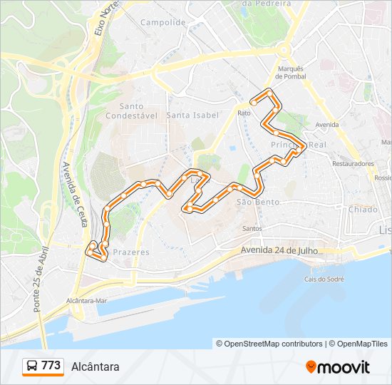 Mapa da linha do autocarro 773.