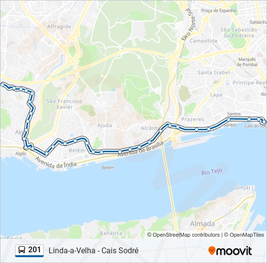 Mapa da linha do autocarro 201.