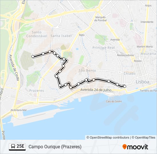 Mapa da linha do autocarro 25E.