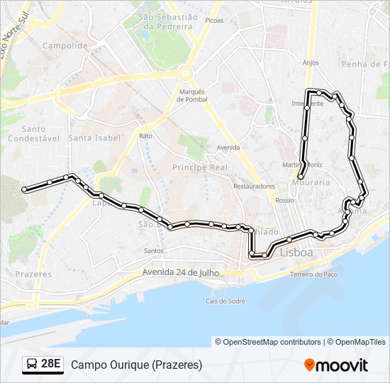 Mapa da linha do autocarro 28E.