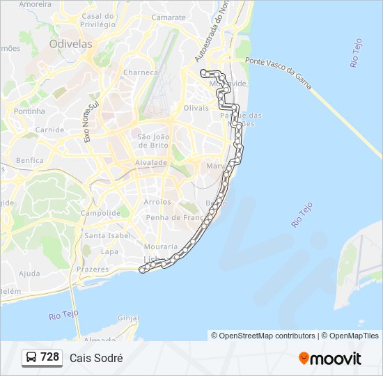 Mapa da linha do autocarro 728.