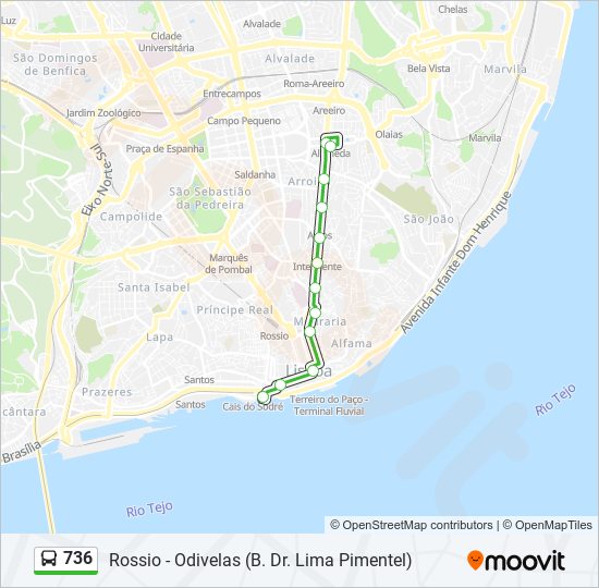 Mapa da linha do autocarro 736.