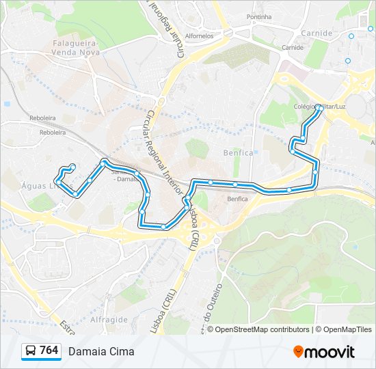 Mapa da linha do autocarro 764.