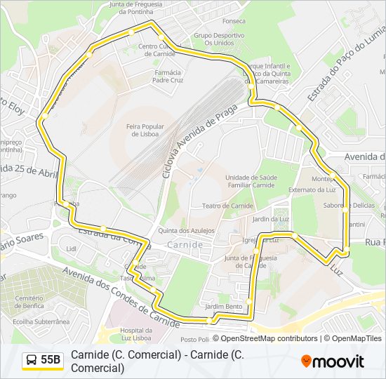 Mapa da linha do autocarro 55B.