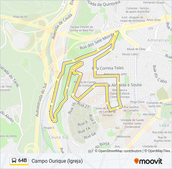 Mapa da linha do autocarro 64B.