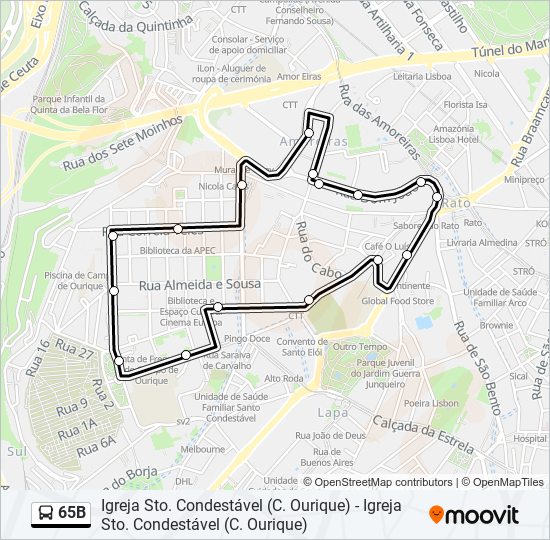 Mapa da linha do autocarro 65B.