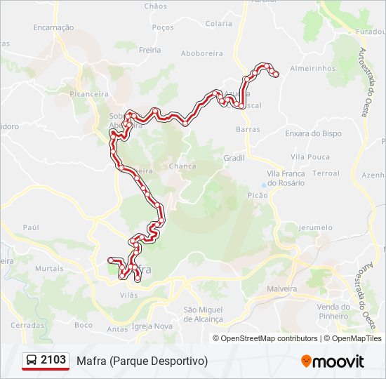 Mapa da linha do autocarro 2103.