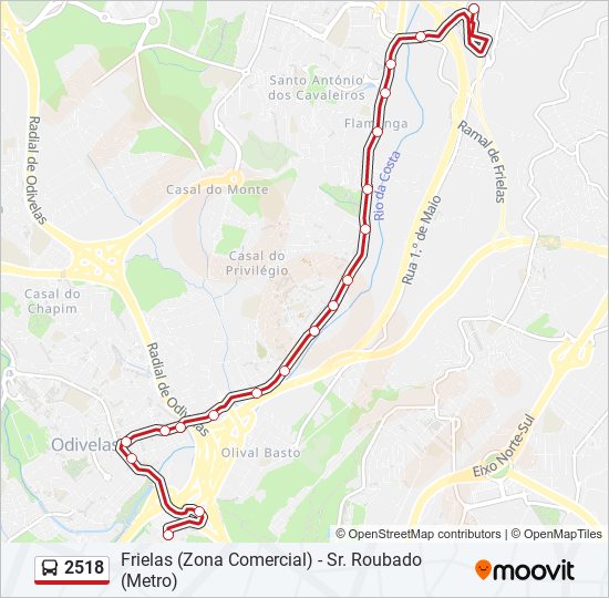 Mapa da linha do autocarro 2518.