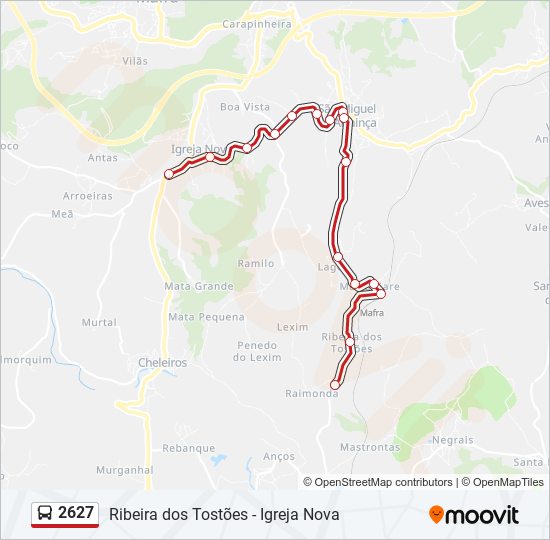 Mapa da linha do autocarro 2627.