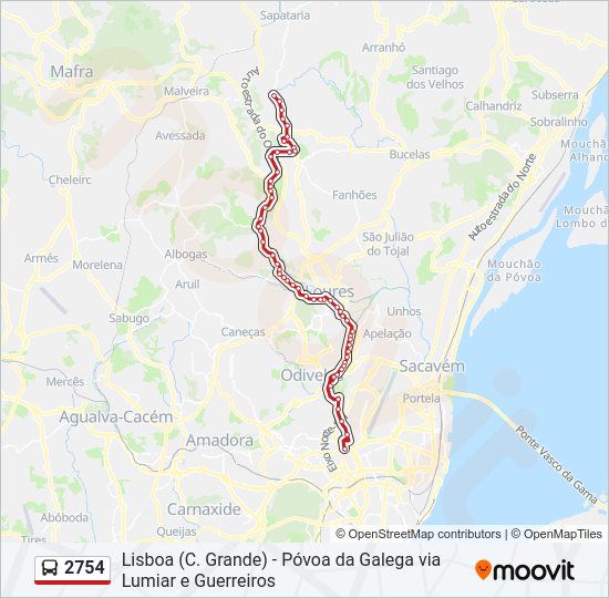 Mapa da linha do autocarro 2754.