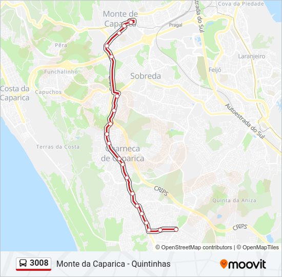 Mapa da linha do autocarro 3008.