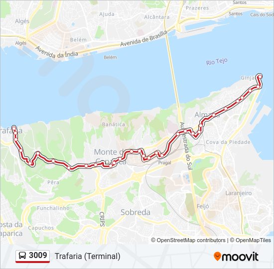 Mapa da linha do autocarro 3009.