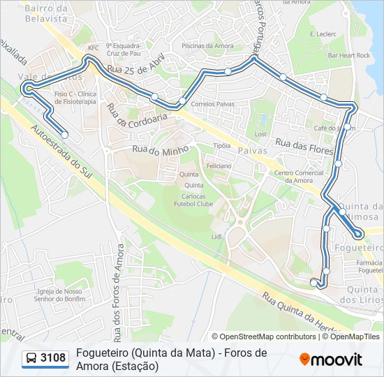 Mapa da linha do autocarro 3108.