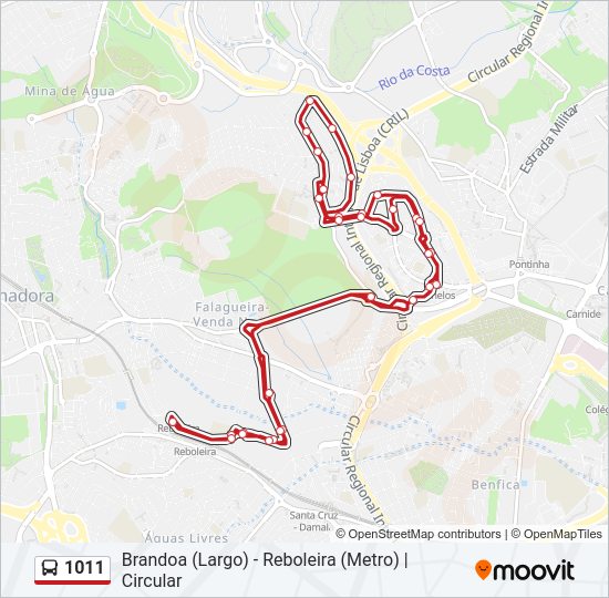 Mapa da linha do autocarro 1011.