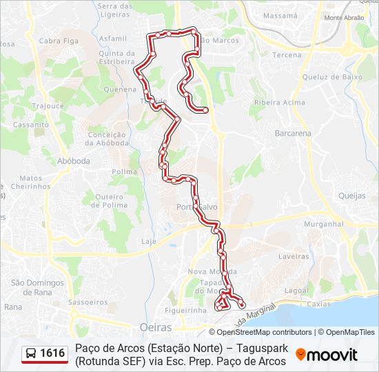 Mapa da linha do autocarro 1616.