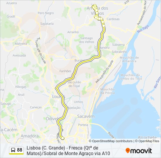 Mapa da linha do autocarro 88.