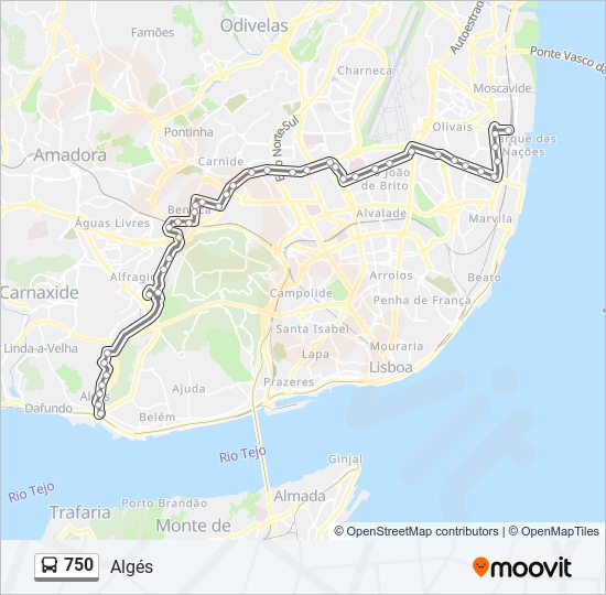 Mapa da linha do autocarro 750.