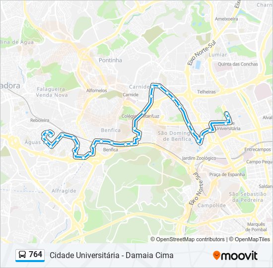 Mapa da linha do autocarro 764.