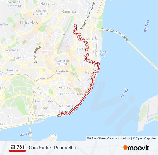 Mapa da linha do autocarro 781.
