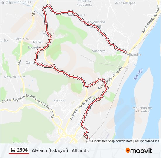 Mapa da linha do autocarro 2304.