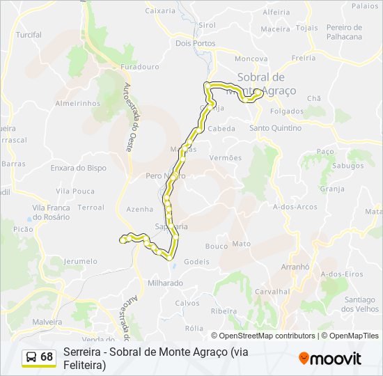 Mapa da linha do autocarro 68.