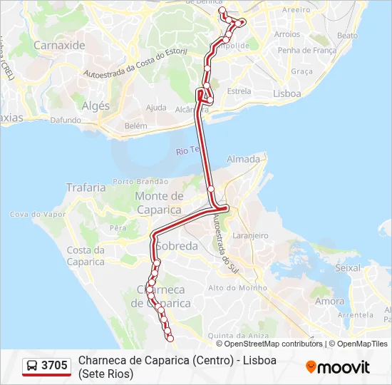 3705 Percursos: Horários, paragens e mapas - Lisboa (Sete Rios ...