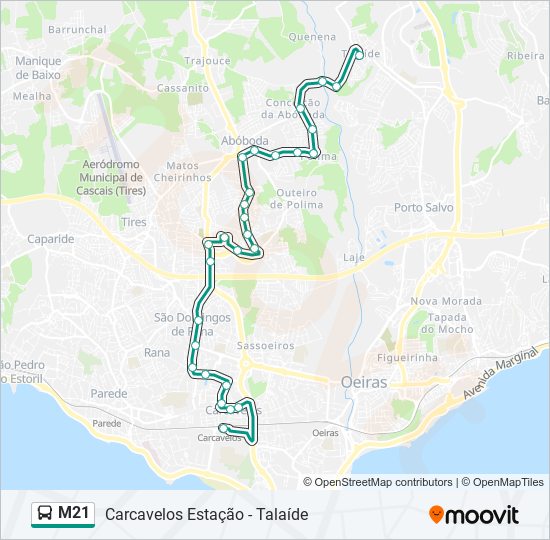 Mapa da linha do autocarro M21.