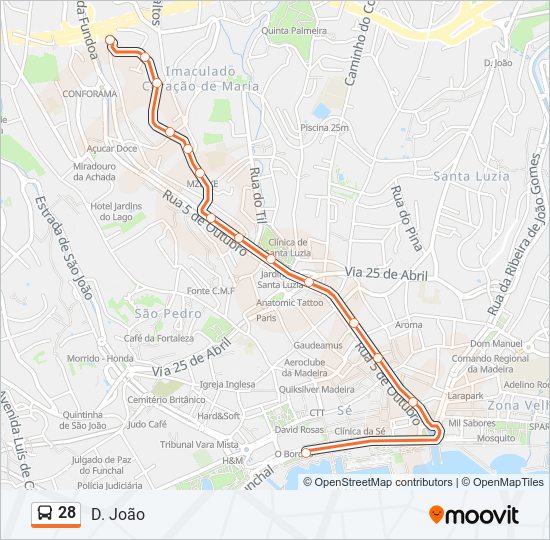 Mapa da linha do autocarro 28.