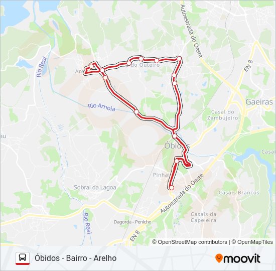 Mapa da linha do autocarro ÓBIDOS - BAIRRO - ARELHO.