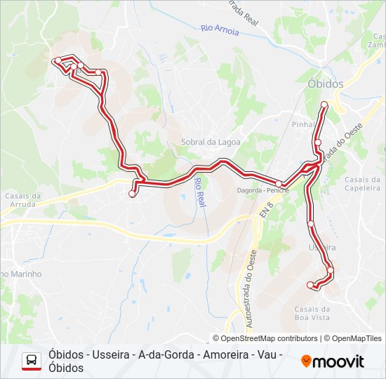 Mapa da linha do autocarro ÓBIDOS - USSEIRA - VAU.