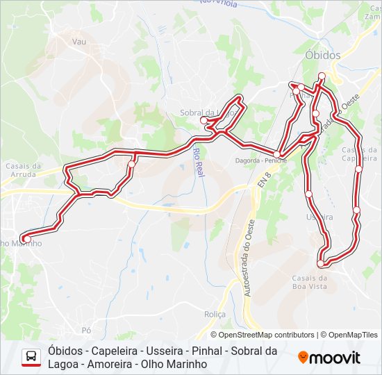 Mapa da linha do autocarro ÓBIDOS - USSEIRA - OLHO MARINHO.