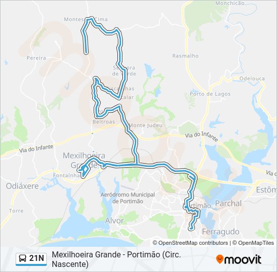 Mapa da linha do autocarro 21N.