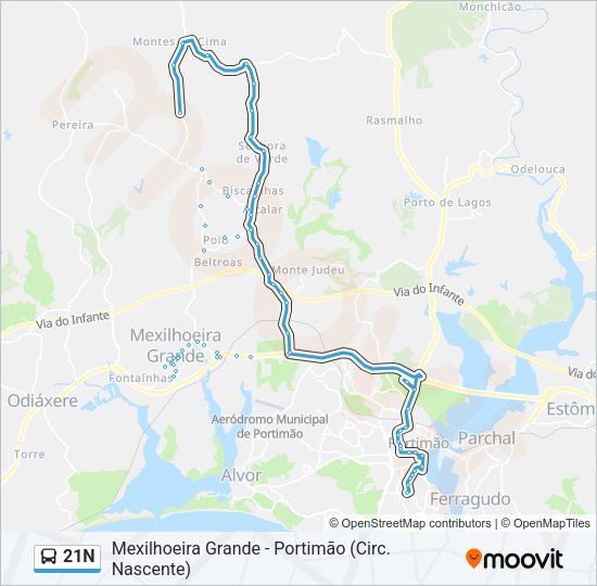 Mapa da linha do autocarro 21N.