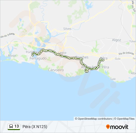 Mapa da linha do autocarro 13.