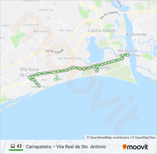 Mapa da linha do autocarro 43.