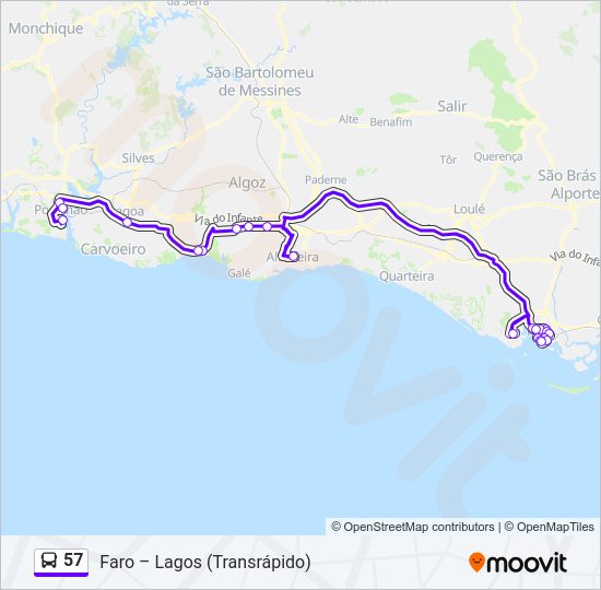 Mapa da linha do autocarro 57.
