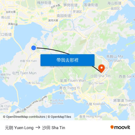 元朗 Yuen Long to 沙田 Sha Tin map