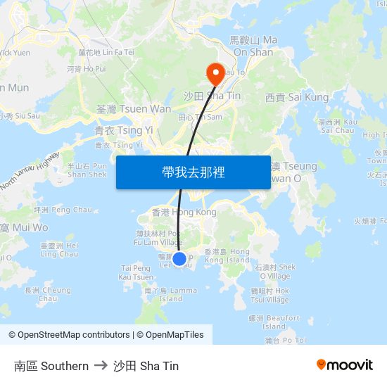 南區 Southern to 沙田 Sha Tin map