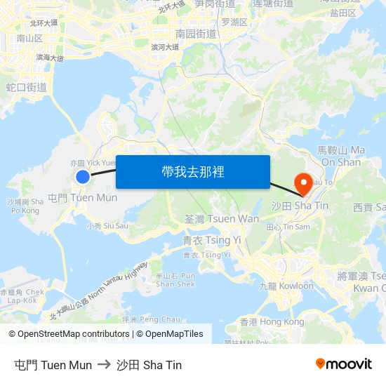 屯門 Tuen Mun to 沙田 Sha Tin map