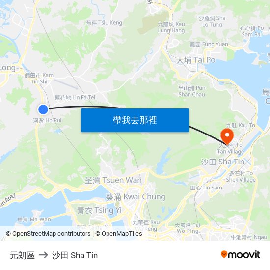 元朗區 to 沙田 Sha Tin map