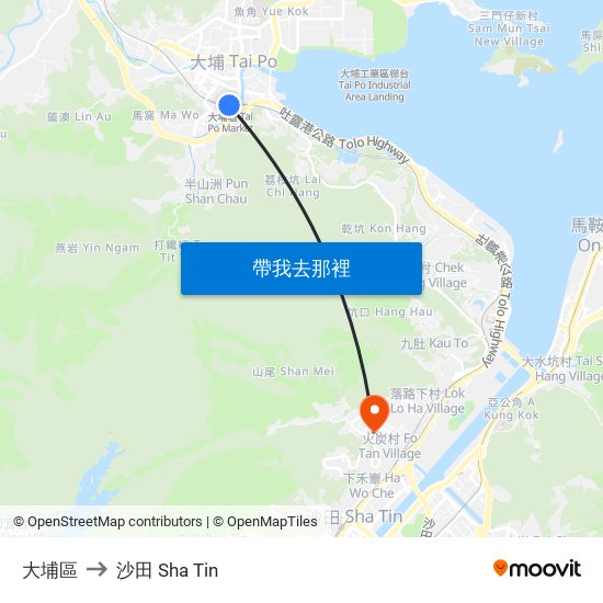 大埔區 to 沙田 Sha Tin map