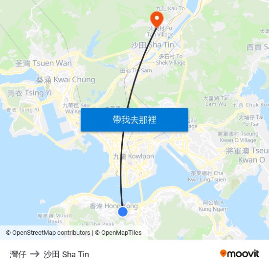 灣仔 to 沙田 Sha Tin map