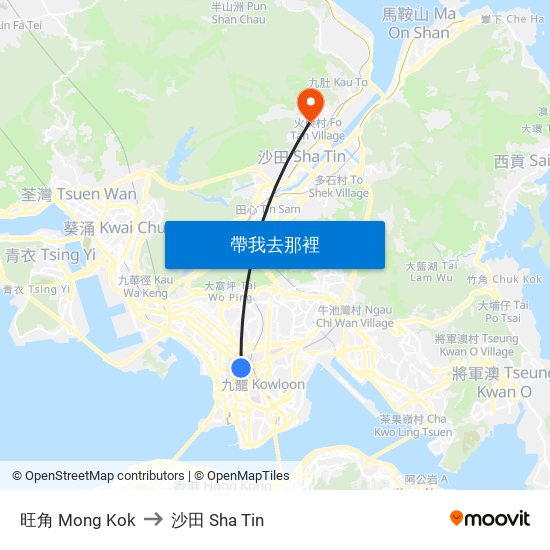 旺角 Mong Kok to 沙田 Sha Tin map