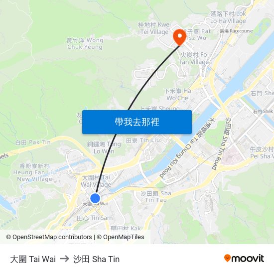 大圍 Tai Wai to 沙田 Sha Tin map