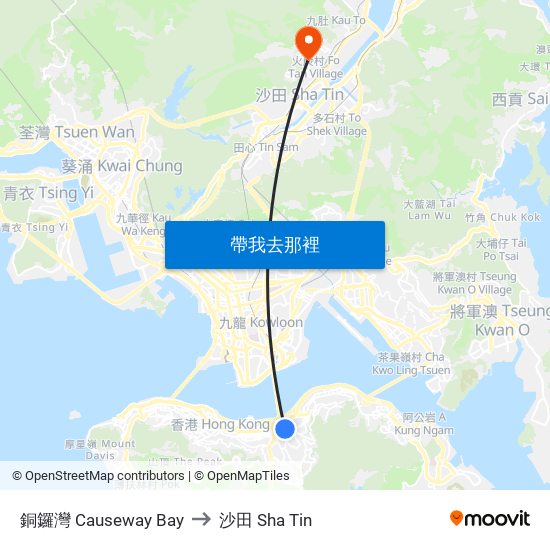 銅鑼灣 Causeway Bay to 沙田 Sha Tin map