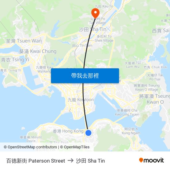 百德新街 Paterson Street to 沙田 Sha Tin map