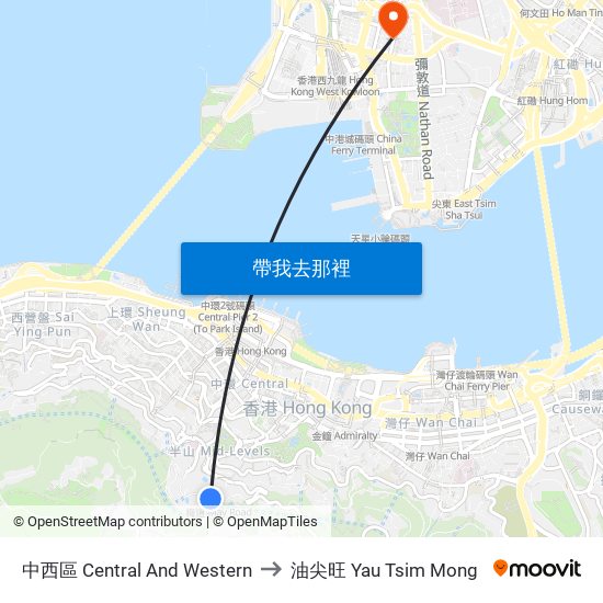 中西區 Central And Western to 油尖旺 Yau Tsim Mong map