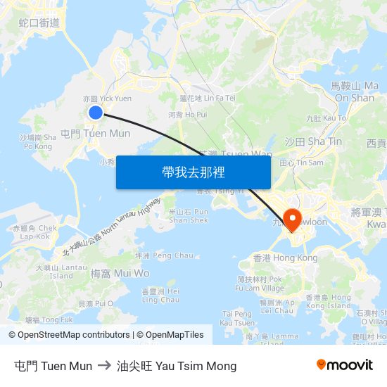 屯門 Tuen Mun to 油尖旺 Yau Tsim Mong map