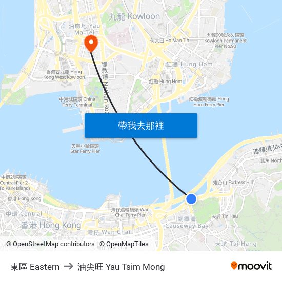 東區 Eastern to 油尖旺 Yau Tsim Mong map